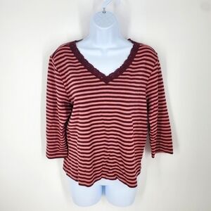 First Issue Liz Claiborne Knit 3/4 Sleeve Top Striped Shirt Women Large Maroon